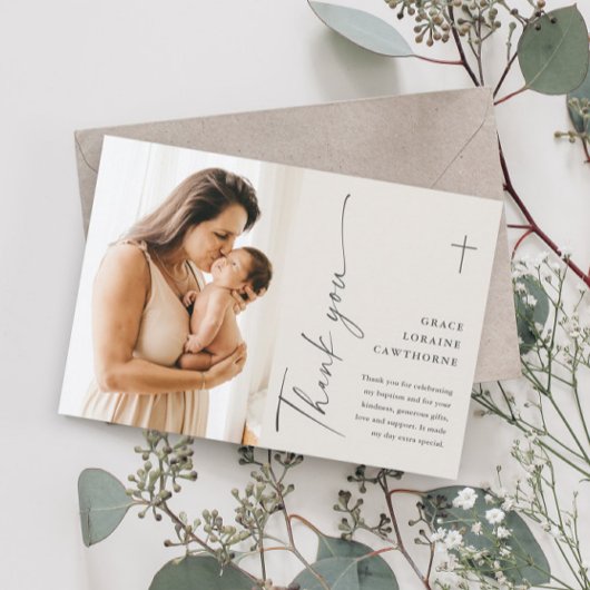 Moderne Elegante Script Foto Doop Bedankkaart
