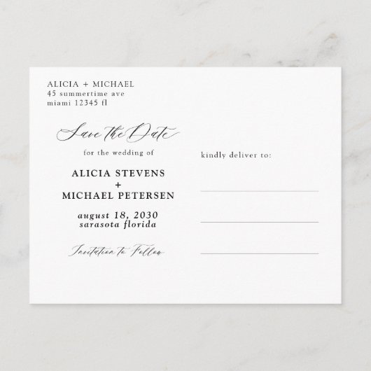 Moderne elegante script foto trouwkaart save the d aankondigingskaart (Achterkant)