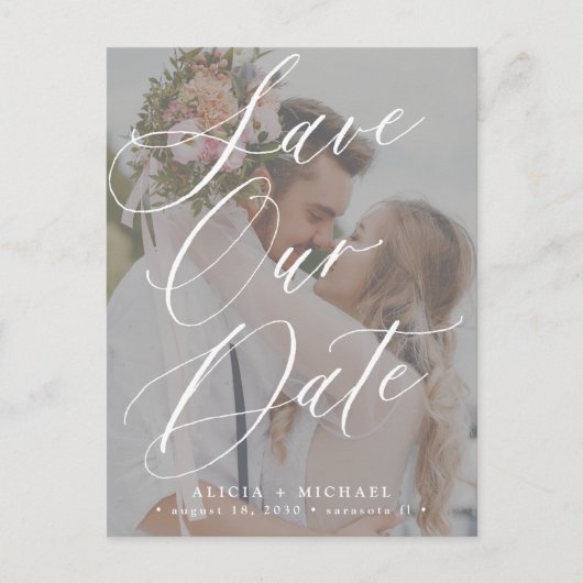 Moderne elegante script foto trouwkaart save the d aankondigingskaart (Voorkant)