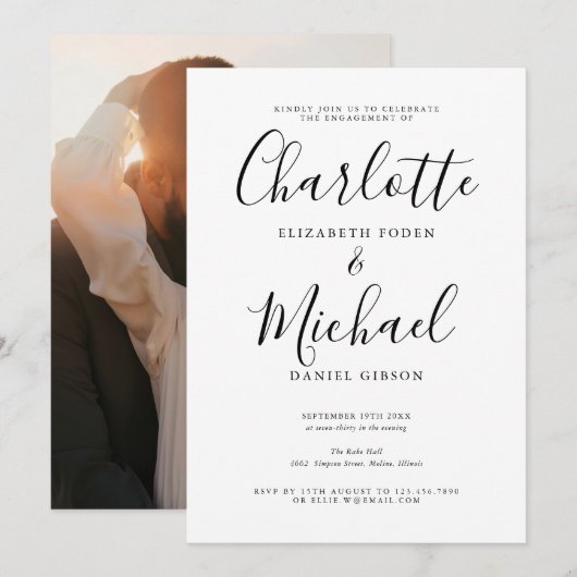 Moderne Elegante Script Foto Verloving Feest Kaart (Voorkant / Achterkant)