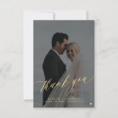 Moderne elegante script foto zwart goud bruiloft bedankkaart (Voorkant)