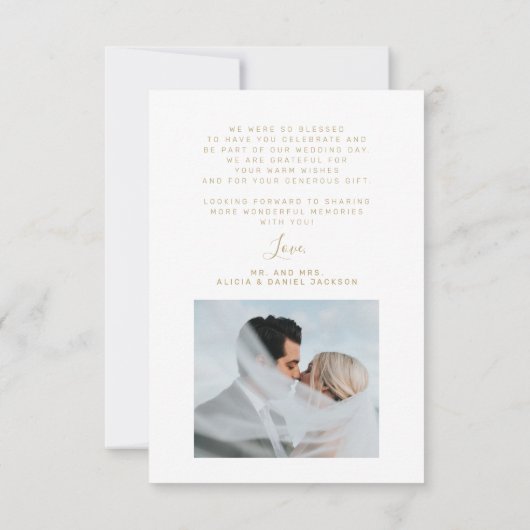 Moderne elegante script foto zwart goud bruiloft bedankkaart (Achterkant)