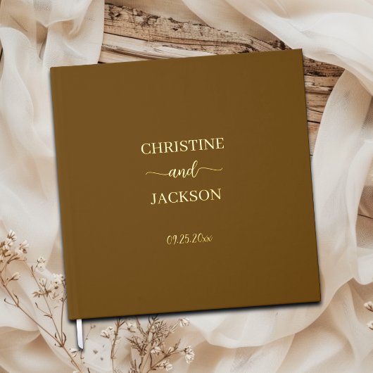 Moderne Elegante Script Geel Bruin Trouw Goud Gastenboek