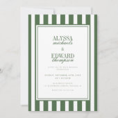 Moderne Elegante Script Gestreepte Groene Huwelijk Kaart (Voorkant)