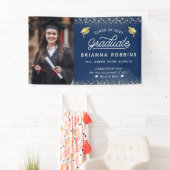 Moderne Elegante Script Gouden Afstudeerfoto Navy Spandoek (Insitu)