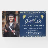 Moderne Elegante Script Gouden Afstudeerfoto Navy Spandoek (Horizontaal)