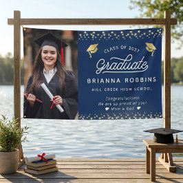 Moderne Elegante Script Gouden Afstudeerfoto Navy Spandoek