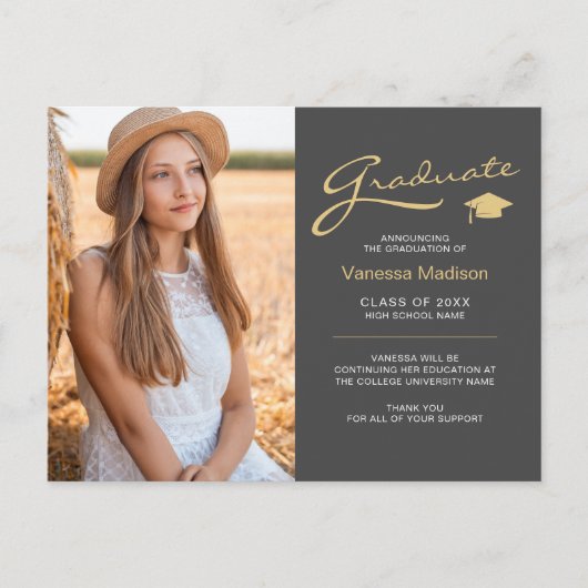 Moderne Elegante Script Grijs & Goud | 2 Foto Grad Briefkaart (Voorkant)