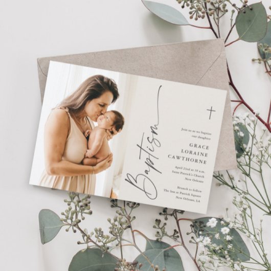 Moderne Elegante Script Ivoor Foto Doop Kaart