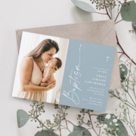 Moderne Elegante Script Jongens Foto Doop Kaart