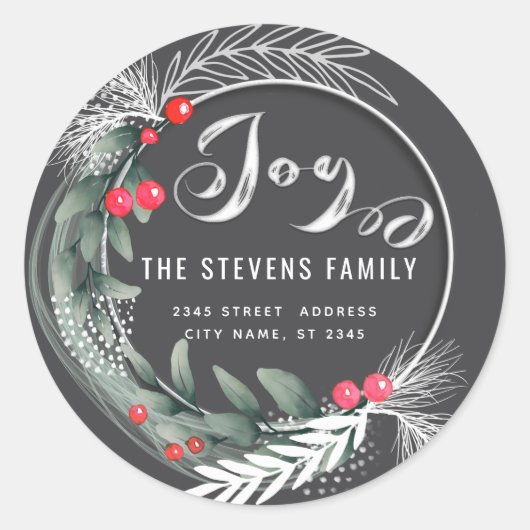 Moderne elegante script joy winter botanisch ronde sticker (Voorkant)