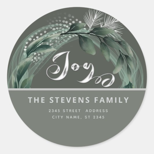 Moderne elegante script joy winter botanisch ronde sticker (Voorkant)
