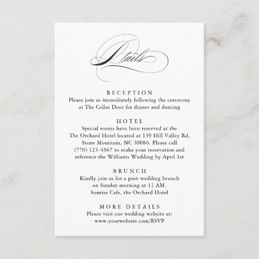 Moderne Elegante Script Klassieke Trouwdetails Informatiekaartje (Voorkant)