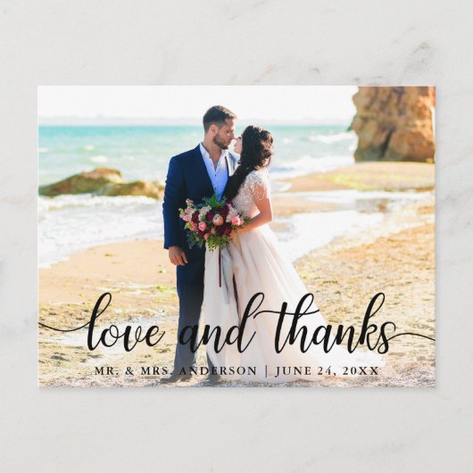 Moderne Elegante Script Love Thanks Trouwfoto B Briefkaart (Voorkant)