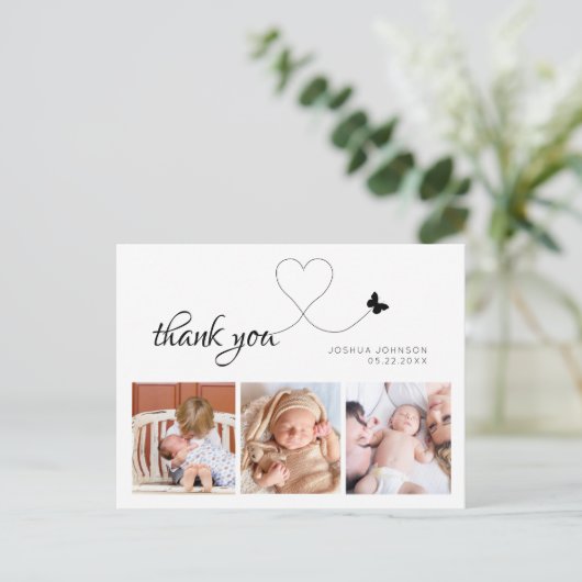 Moderne Elegante Script Minimaal 3 Foto Baby Showe Briefkaart (Staand voorkant)