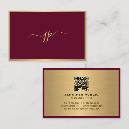 Moderne Elegante Script Monogram Bordeaux Goud Eur Visitekaartje (Voorkant / Achterkant)