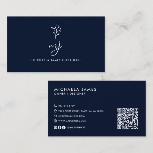 Moderne Elegante Script Monogram QR-code Visitekaartje (Voorkant / Achterkant)