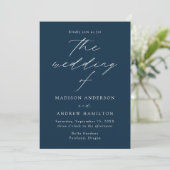 Moderne Elegante Script Navy Foto Bruiloft Kaart (Staand voorkant)
