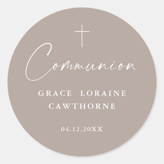 Moderne Elegante Script Neutrale Eerste Communie Ronde Sticker (Voorkant)