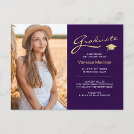 Moderne Elegante Script Paars & Goud | 2 Foto Grad Briefkaart