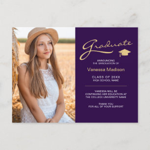 Moderne Elegante Script Paars & Goud 2 Foto Grad Briefkaart