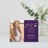 Moderne Elegante Script Paars & Goud | 2 Foto Grad Briefkaart (Staand voorkant)