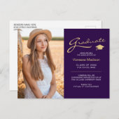 Moderne Elegante Script Paars & Goud | 2 Foto Grad Briefkaart (Voorkant / Achterkant)