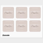 Moderne Elegante Script Productlabel Beige Vierkante Sticker (Vel)