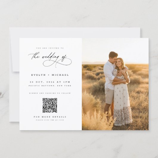 Moderne Elegante Script QR Code Foto Bruiloft Kaart (Achterkant)