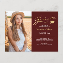Moderne Elegante Script Rood & Goud | 2 Foto Grad Briefkaart