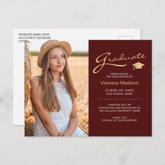 Moderne Elegante Script Rood & Goud | 2 Foto Grad Briefkaart (Voorkant / Achterkant)