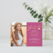 Moderne Elegante Script Roze & Goud | 2 Foto Grad Briefkaart (Staand voorkant)
