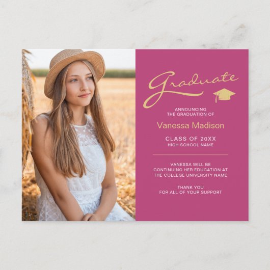 Moderne Elegante Script Roze & Goud | 2 Foto Grad Briefkaart (Voorkant)