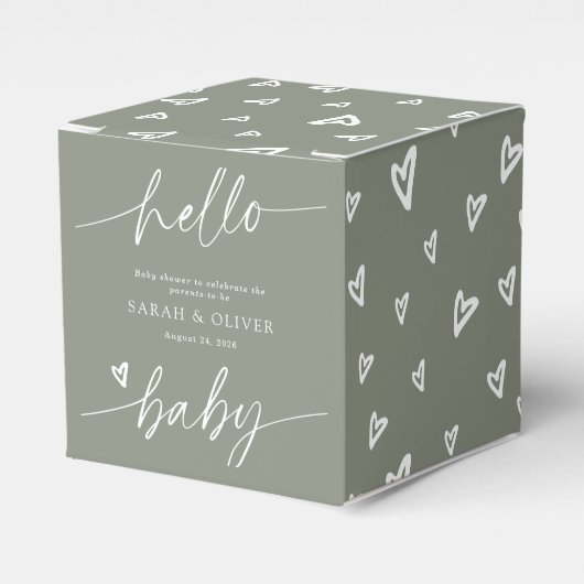 Moderne Elegante Script Saliegroen Baby Shower Bedankdoosjes (Voorkant Zijde)