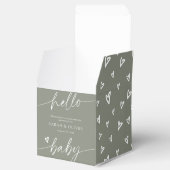 Moderne Elegante Script Saliegroen Baby Shower Bedankdoosjes (Geopend)
