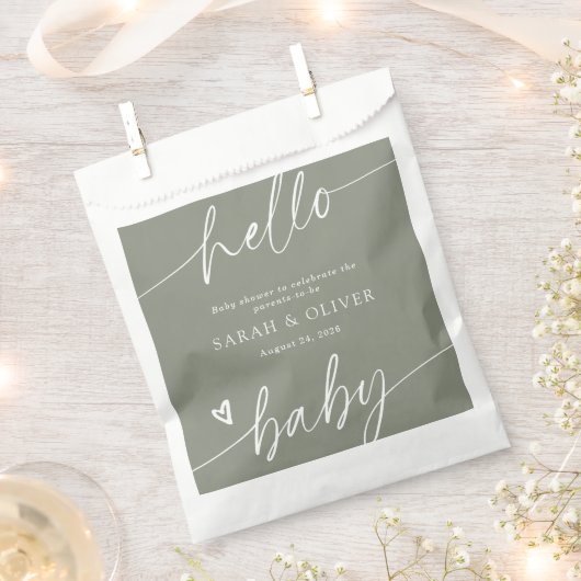 Moderne Elegante Script Saliegroen Baby Shower Bedankzakje (Geknipt)