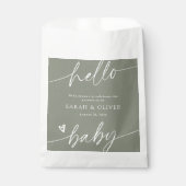 Moderne Elegante Script Saliegroen Baby Shower Bedankzakje (Voorkant)