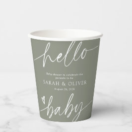 Moderne Elegante Script Saliegroen Baby Shower Papieren Bekers