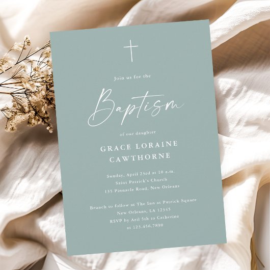 Moderne Elegante Script Saliegroen Doop Kaart