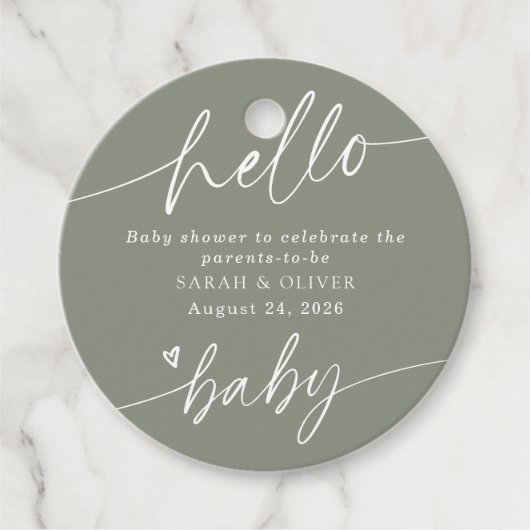Moderne Elegante Script Saliegroene Baby Shower Bedankjes Labels (Voorkant)