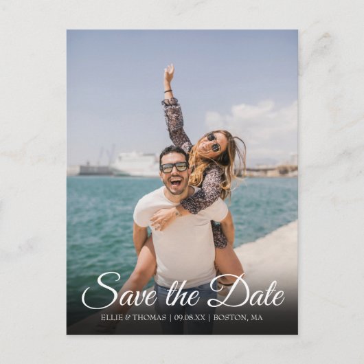 Moderne Elegante Script Save the Date Foto Briefkaart (Voorkant)