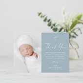 Moderne Elegante Script Stof Blauw Foto Doop Bedankkaart (Staand voorkant)
