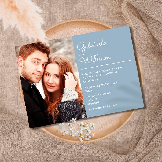 Moderne Elegante Script Stof Blauw Foto Huwelijk Kaart
