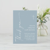 Moderne Elegante Script Stof Blauw Jongens Doop Bedankkaart (Staand voorkant)