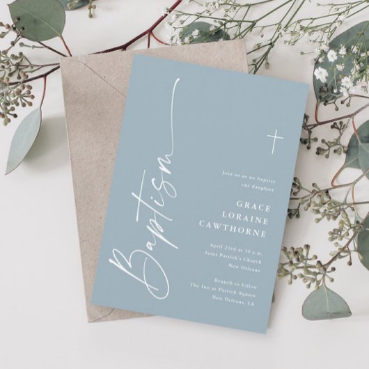 Moderne Elegante Script Stof Blauw Jongens Doop Kaart
