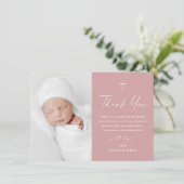 Moderne Elegante Script Stof Roze Foto Doop Bedankkaart (Staand voorkant)