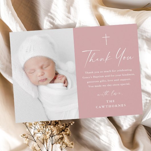 Moderne Elegante Script Stof Roze Foto Doop Bedankkaart