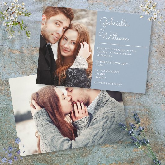 Moderne Elegante Script Stofblauw 2 Foto Huwelijk Kaart