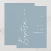Moderne Elegante Script Stofblauw Doop Uitnodiging (Voorkant / Achterkant)