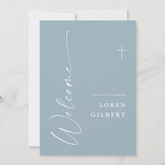 Moderne Elegante Script Stofblauw Doop Welkom Kaart (Voorkant)